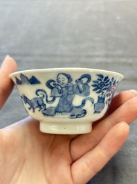 Five Chinese blue and white cups and saucers, Kangxi mark, 19th C.