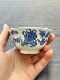 Five Chinese blue and white cups and saucers, Kangxi mark, 19th C.