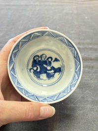 Five Chinese blue and white cups and saucers, Kangxi mark, 19th C.