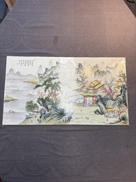 A massive Chinese famille rose 'mountainous landscape' plaque, 20th C.