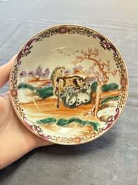 A set of four Chinese famille rose cups and saucers with horses, Qianlong