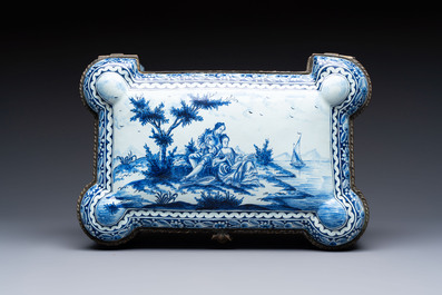 A blue and white Dutch Delft bronze-mounted casket, 19th C.