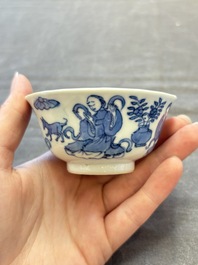 Five Chinese blue and white cups and saucers, Kangxi mark, 19th C.