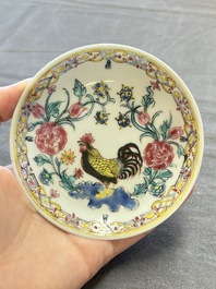 Three Chinese famille rose and grisaille cups and saucers, Qianlong