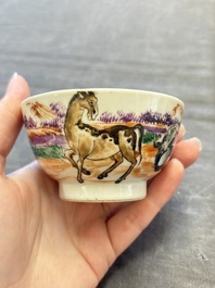 A set of four Chinese famille rose cups and saucers with horses, Qianlong