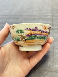 A set of four Chinese famille rose cups and saucers with horses, Qianlong