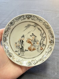 Three Chinese famille rose and grisaille cups and saucers, Qianlong