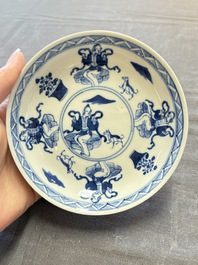 Five Chinese blue and white cups and saucers, Kangxi mark, 19th C.