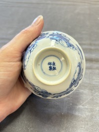 Five Chinese blue and white cups and saucers, Kangxi mark, 19th C.