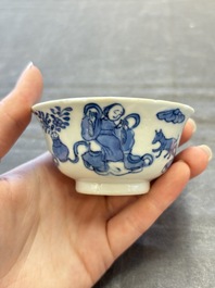 Five Chinese blue and white cups and saucers, Kangxi mark, 19th C.