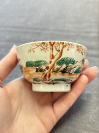 A set of four Chinese famille rose cups and saucers with horses, Qianlong