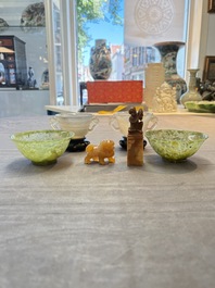 Six various Chinese agate, soapstone and serpentine wares, 19/20th C.