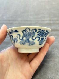 Five Chinese blue and white cups and saucers, Kangxi mark, 19th C.