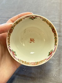 A set of four Chinese famille rose cups and saucers with horses, Qianlong