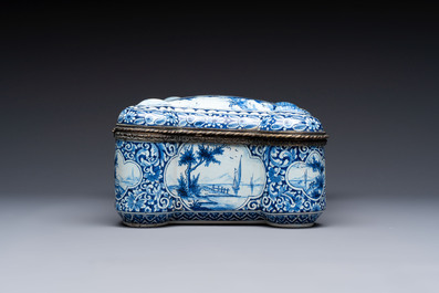 A blue and white Dutch Delft bronze-mounted casket, 19th C.
