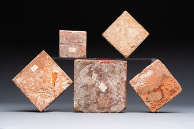 Five medieval slip-decorated tiles, France, Flanders and England, 15/16th C.