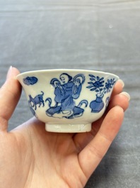 Five Chinese blue and white cups and saucers, Kangxi mark, 19th C.