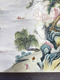 A massive Chinese famille rose 'mountainous landscape' plaque, 20th C.