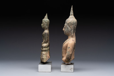 Three Southeast Asian bronze Buddhas and a stone head of Buddha, 18th C.
