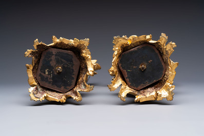 A pair of gilt-bronze-mounted Chinese famille verte powder-blue-ground double gourd vases, 19th C.