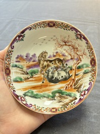 A set of four Chinese famille rose cups and saucers with horses, Qianlong