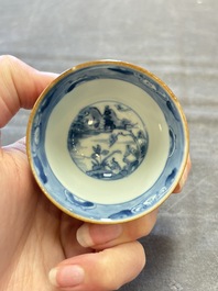 Four Chinese blue and white capucin-ground cups and saucers with landscape design, Yongzheng