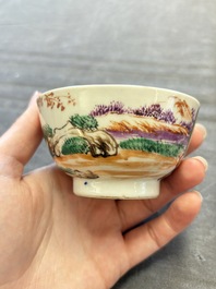 A set of four Chinese famille rose cups and saucers with horses, Qianlong