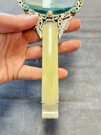 A Chinese silver-mounted magnifying glass with jade handle and precious stone inlays, 19th C.