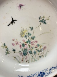 A Chinese famille rose plate with a bird and butterfly among blossoming branches, Yongzheng mark, Republic