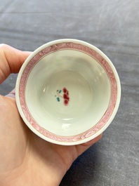 Three Chinese famille rose and grisaille cups and saucers, Qianlong