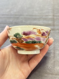 A set of four Chinese famille rose cups and saucers with horses, Qianlong