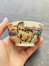 A set of four Chinese famille rose cups and saucers with horses, Qianlong