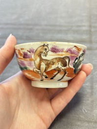 A set of four Chinese famille rose cups and saucers with horses, Qianlong