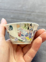 Three Chinese famille rose and grisaille cups and saucers, Qianlong