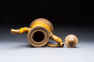 A massive Chinese Yixing stoneware 'bamboo' teapot, signed Wei Guojun 魏國軍, 20th C.