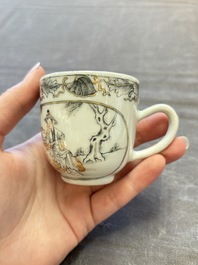Three Chinese famille rose and grisaille cups and saucers, Qianlong