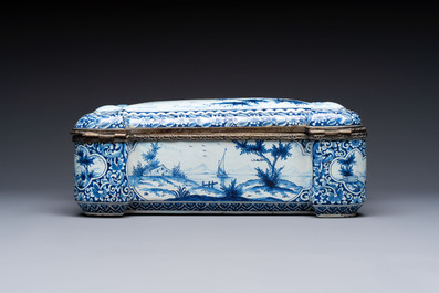 A blue and white Dutch Delft bronze-mounted casket, 19th C.