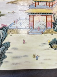A massive Chinese famille rose 'mountainous landscape' plaque, 20th C.