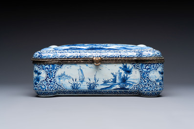 A blue and white Dutch Delft bronze-mounted casket, 19th C.