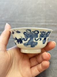 Five Chinese blue and white cups and saucers, Kangxi mark, 19th C.