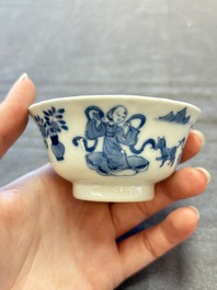 Five Chinese blue and white cups and saucers, Kangxi mark, 19th C.