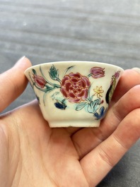 Three Chinese famille rose and grisaille cups and saucers, Qianlong