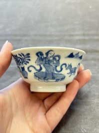 Five Chinese blue and white cups and saucers, Kangxi mark, 19th C.