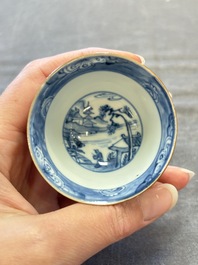 Four Chinese blue and white capucin-ground cups and saucers with landscape design, Yongzheng