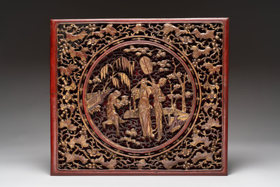 Six Chinese gilt-lacquered carved wooden panels with narrative design, 19th C.