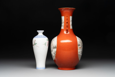 A Chinese grisaille coral red-ground vase, a famille rose eggshell vase and two bowls, Qianlong mark, 20th C.