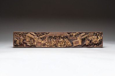 Six Chinese gilt-lacquered carved wooden panels with narrative design, 19th C.