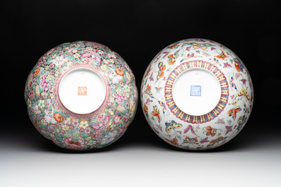 A Chinese grisaille coral red-ground vase, a famille rose eggshell vase and two bowls, Qianlong mark, 20th C.