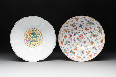 A Chinese grisaille coral red-ground vase, a famille rose eggshell vase and two bowls, Qianlong mark, 20th C.
