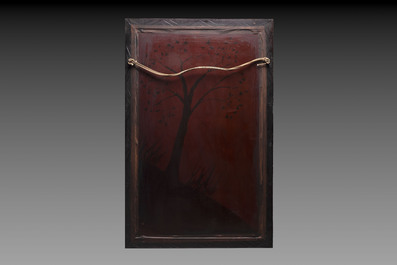 A pair of large Japanese bone-inlaid lacquered wooden panels with birds among flowering branches, 19/20th C.